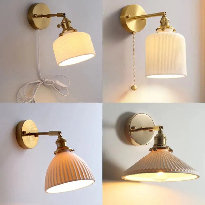 Rotary Brass Ceramic Wall Lamp with Pull Switch - Customizable LED Sconce for Bedroom and Interior Lighting