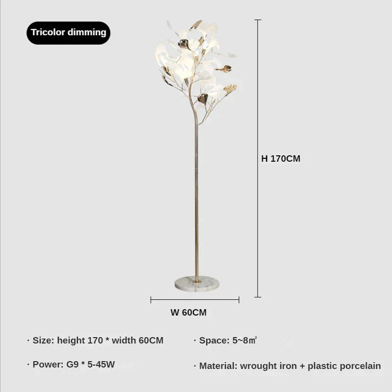 Modern Ginkgo Leaf Light Luxury Floor Lamp - Warm LED Lighting for Bedrooms and Living Rooms with Decorative Gold Feather Design