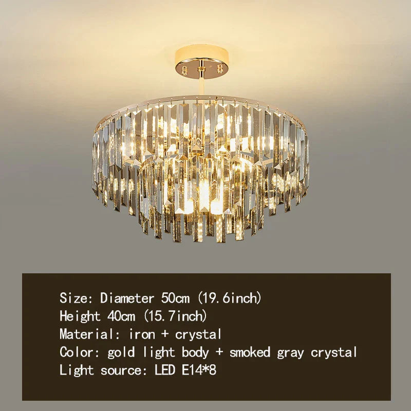 Elegant Modern Crystal Gold Chandelier - Round Smoked Gray Crystal Design - Perfect for Luxury Living Rooms and Bedrooms