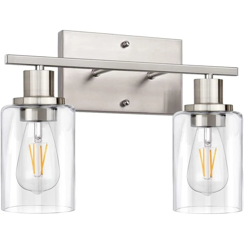 Vintage Industrial 2-Light Bathroom Vanity Light Fixtures - Matte Black Metal and Glass Sconces