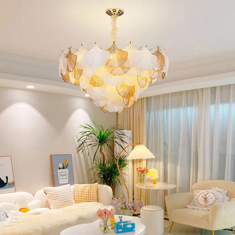 Modern LED Ginkgo Leaves Ceiling Chandelier - Elegant French Glass Lustre Decor Light