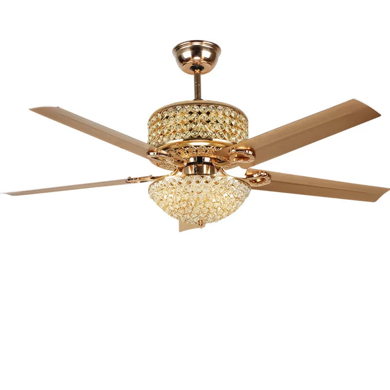 52 Inch Crystal Ceiling Fan with Lights Chrome Chandelier Remote Control Reversible Wood Blades for Living Room Bedroom