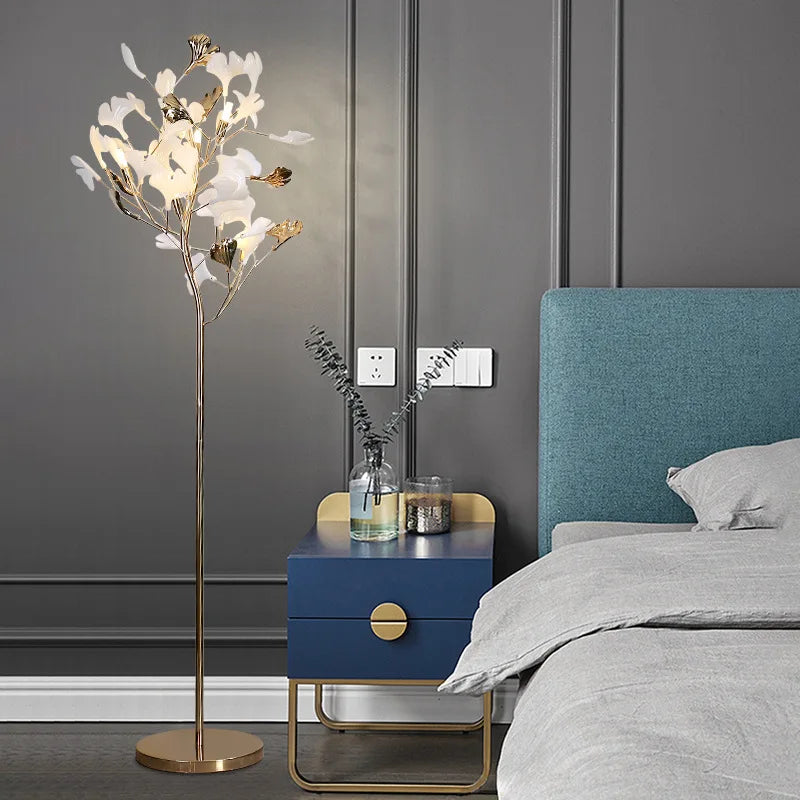 Modern Ginkgo Leaf Light Luxury Floor Lamp - Warm LED Lighting for Bedrooms and Living Rooms with Decorative Gold Feather Design