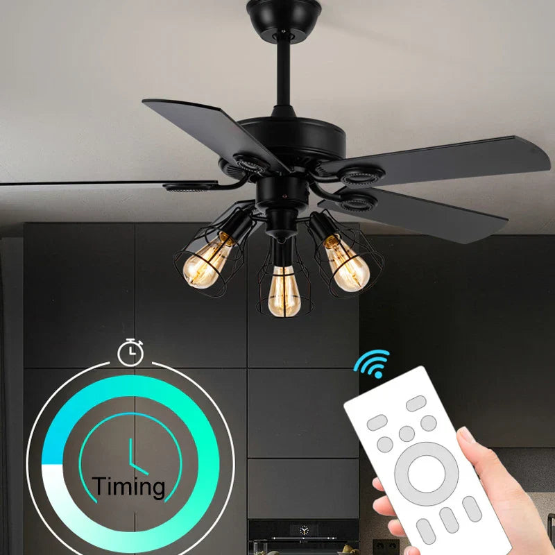 Black Ceiling Fans with Lights Remote Industrial Vintage Black Postmodern Fan lamp for Kitchen Island Dining Room Foyer Bar