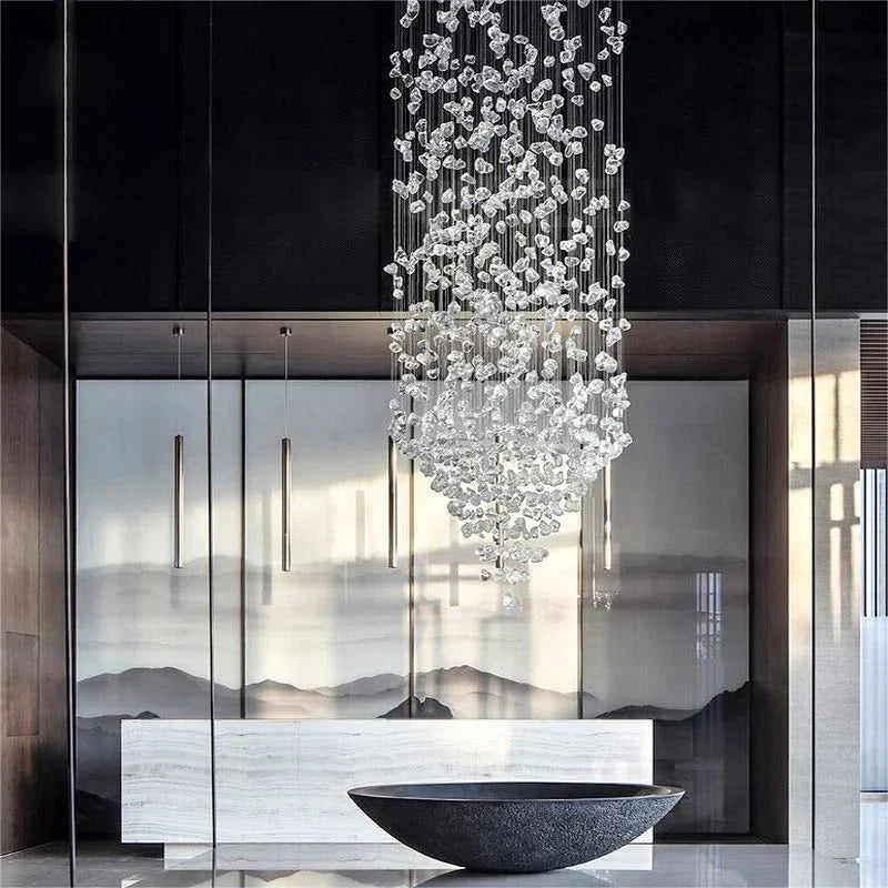 Luxury Stone Crystal Stair Chandelier - LED Lighting Fixture for Large Living Rooms, Home Decor, Hallways, and Lobby Elegance
