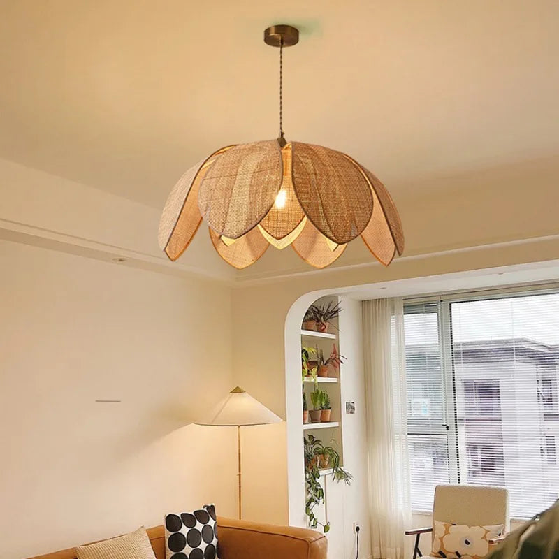Japanese Style Handmade Woven Rattan Petal Chandelier - Unique Lighting for Dining, Bedroom, and Living Spaces