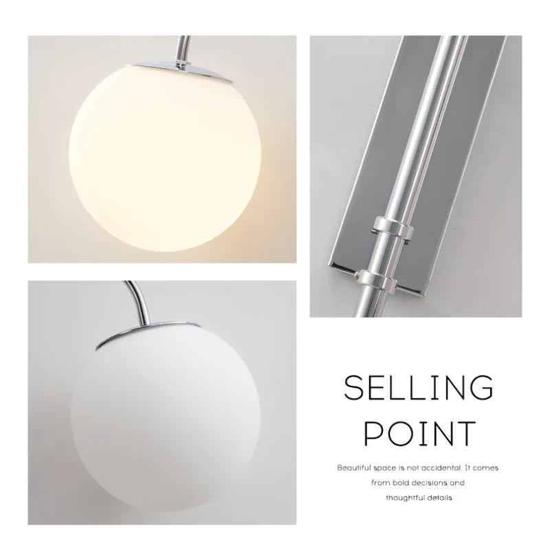 Rocker Arm Wall Lamp - Modern Bedroom and Living Room Reading Light with Milky White Glass Bubble Lampshade