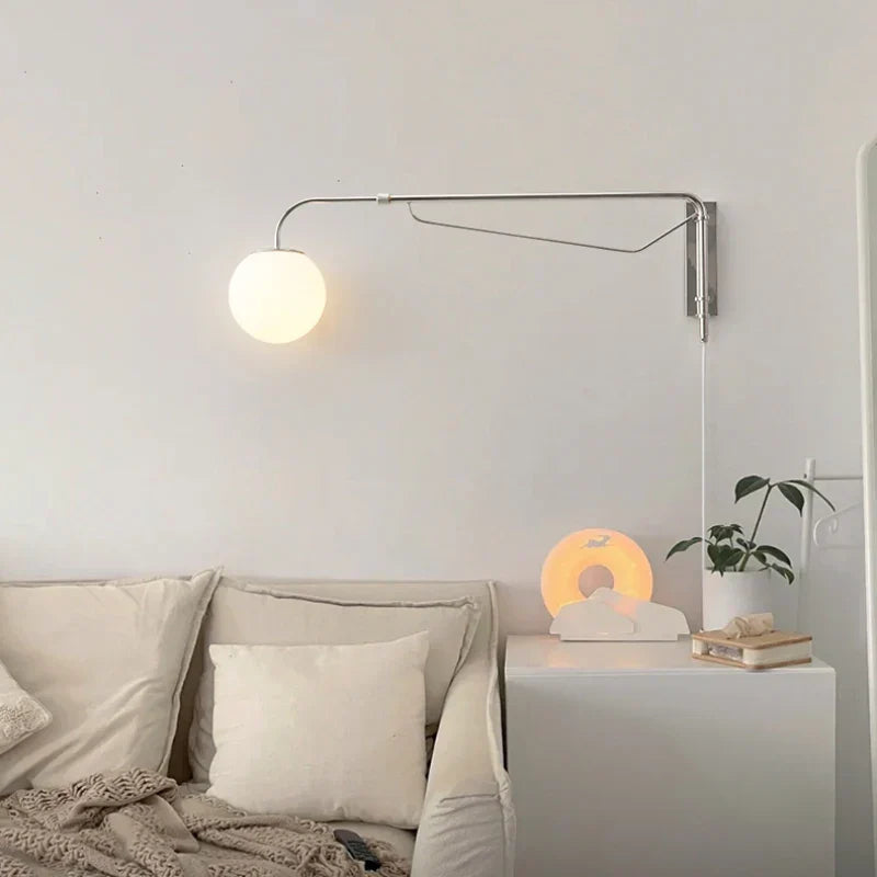 Rocker Arm Wall Lamp - Modern Bedroom and Living Room Reading Light with Milky White Glass Bubble Lampshade