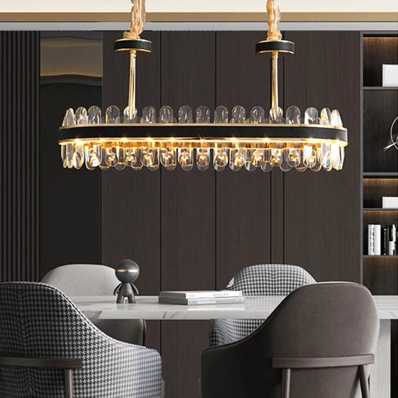 Dimmable LED Crystal Oval Ceiling Chandeliers - Black Leather Luxury Lustres for Dining Room Decor