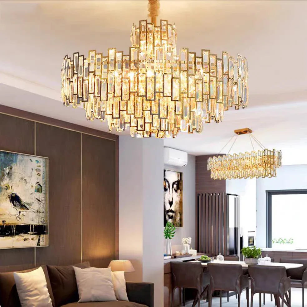Luxury Golden Crystal LED Ceiling Lamp - Modern Round Ceiling Chandelier for Dining and Living Rooms