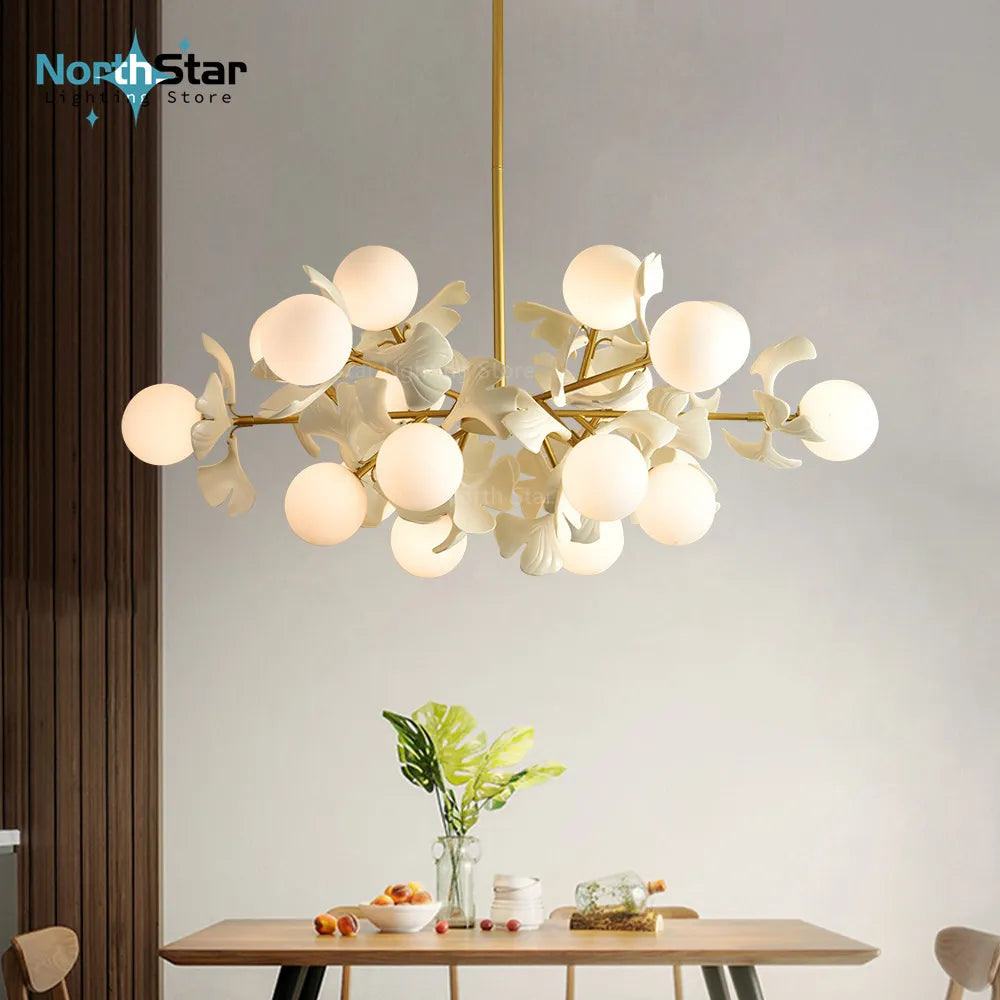Nordic LED Chandelier - Ginkgo Leaf Design with Acrylic White Leaves for Living Rooms and Bedrooms, Round Glass Ball Light Fixture