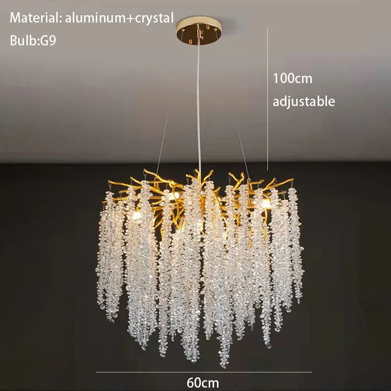 Modern Crystal G9 LED Wall Lights - Cherry Blossoms and Branches Sconce in Gold Aluminum, Designer Art Deco for Parlors, Bedrooms, and Dining Areas