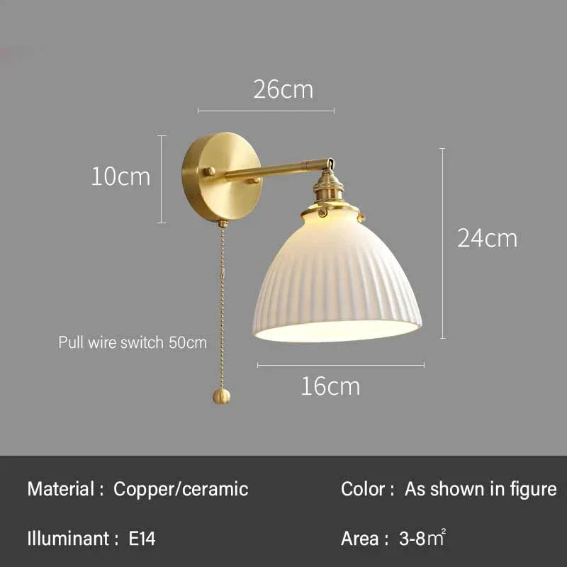 Rotary Brass Ceramic Wall Lamp with Pull Switch - Customizable LED Sconce for Bedroom and Interior Lighting