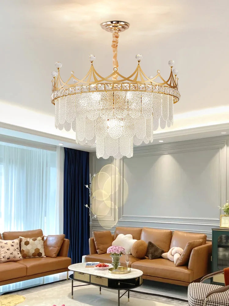 Elegant Modern Minimalist Crown K9 Crystal Chandelier - A Round Golden Fixture for Living Rooms and Bedrooms
