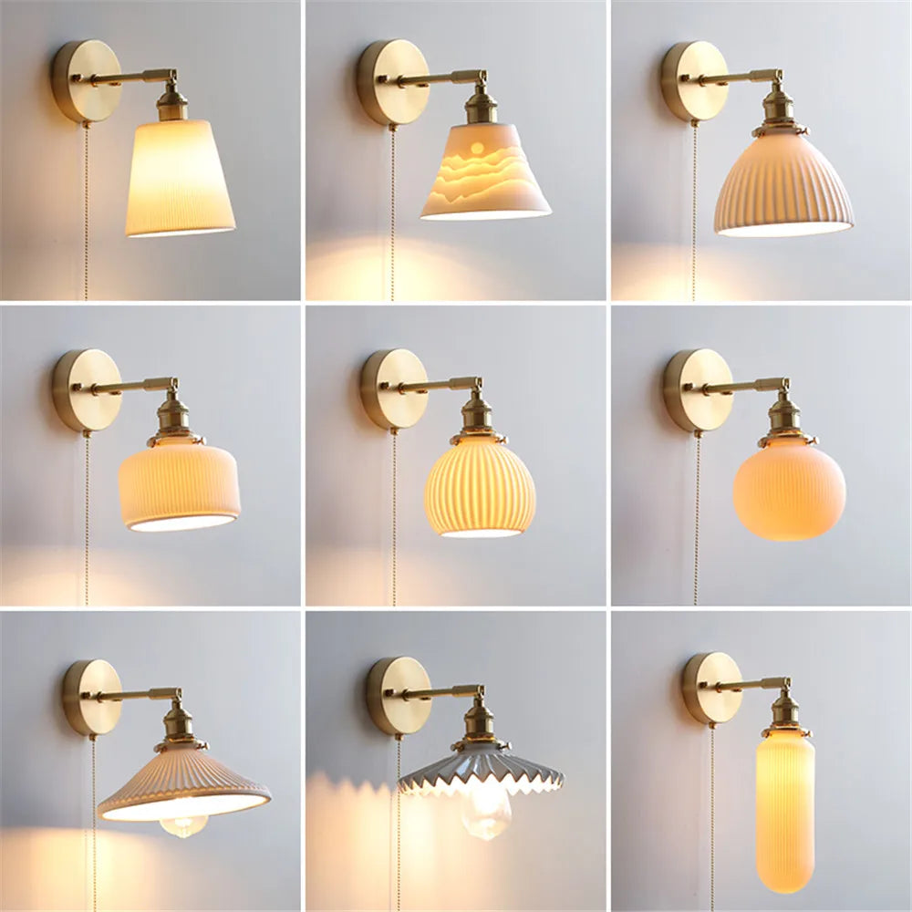 Nordic Home Decoration Bedside Ceramic Wall Light - LED Fixture with Pull Switch for Living Room and Bedroom, Adjustable Sconce Lamp