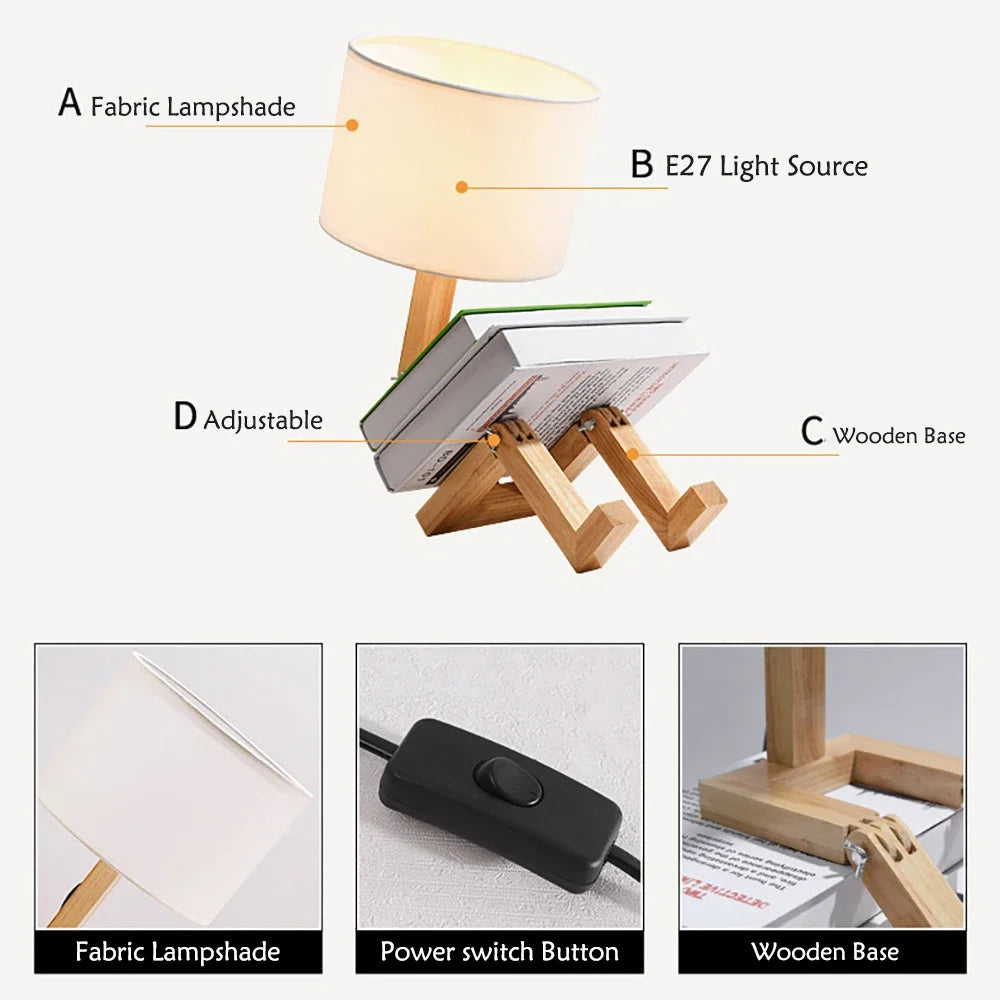 Creative Wooden Robot LED Table Lamp - Nordic Art Decor for Reading, Bedroom, and Home