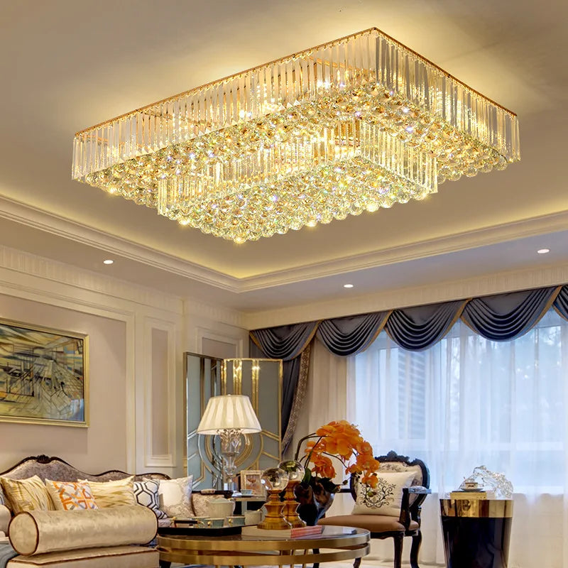 Modern Golden Rectangle Round Crystal Ceiling Light - Elegant LED Lighting for Living Rooms, Dining Rooms, and Bedrooms