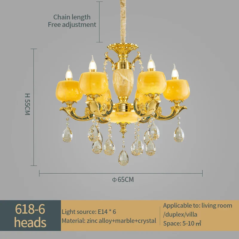 European Style Jade Crystal Chandelier - Luxury Lighting with Natural Marble Accents for Dining Rooms, Bedrooms, and Living Spaces