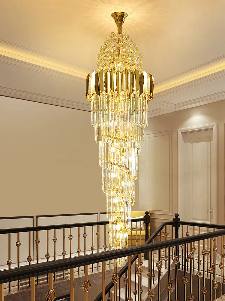 Luxurious Interior Hall Stairwell Golden Chandelier - Modern Elegance with Clean Crystal Ball Accents and LED Lighting