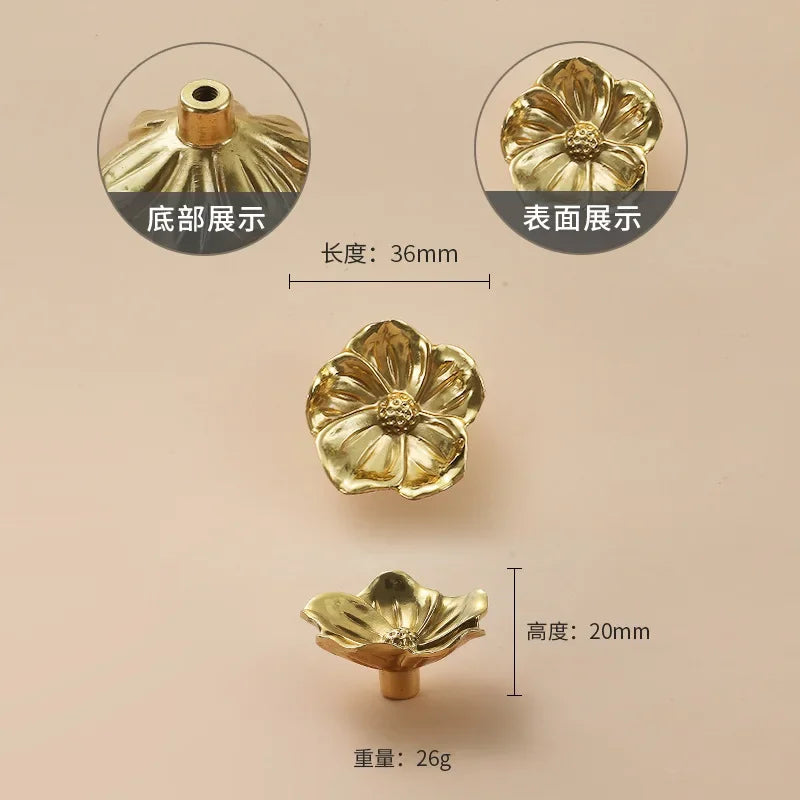 Luxury Brass Flower and Leaf Cabinet Handles – Chinese-Style Decorative Pulls for Wardrobes and Drawers