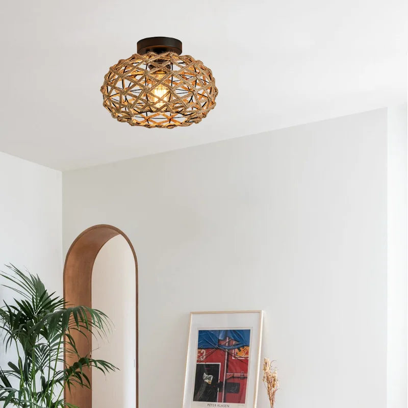 Boho Hemp Rope Cage Semi Flush Mount Ceiling Light - Rustic Elegance for Bedrooms and Beyond