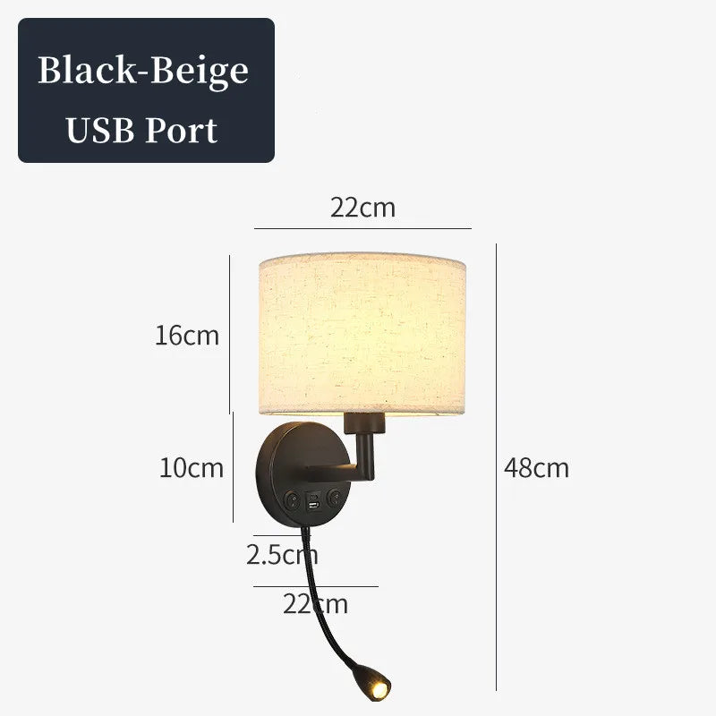 Bedside Wall Lamp with Rotating Spotlight - Modern Fabric Lampshade Reading Wall Sconce for Bedroom Home Decoration with LED E27