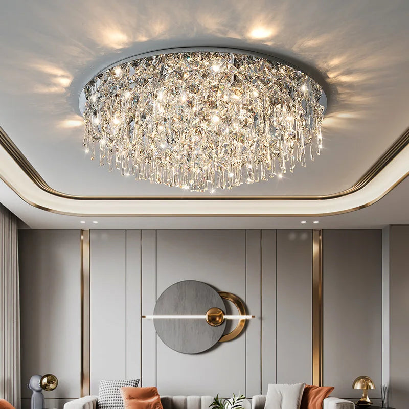 Luxury Modern K9 Crystals Ceiling Lamp - Chrome Steel LED Ceiling Light for Art Deco Bedroom Lighting