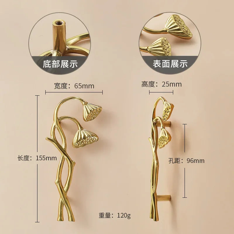 Luxury Brass Flower and Leaf Cabinet Handles – Chinese-Style Decorative Pulls for Wardrobes and Drawers