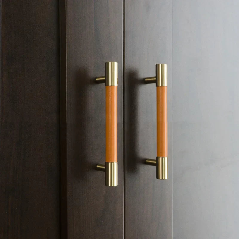Solid Brass and Leather Cabinet Handles – Available in 15 Leather Colors