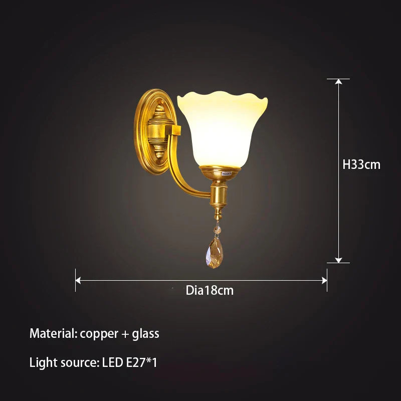 Sophia - European-style Glass Wall Lamp Warm Living Room TV Background Wall Bedroom Bedside Double Head All Copper Simple Wall Lamp