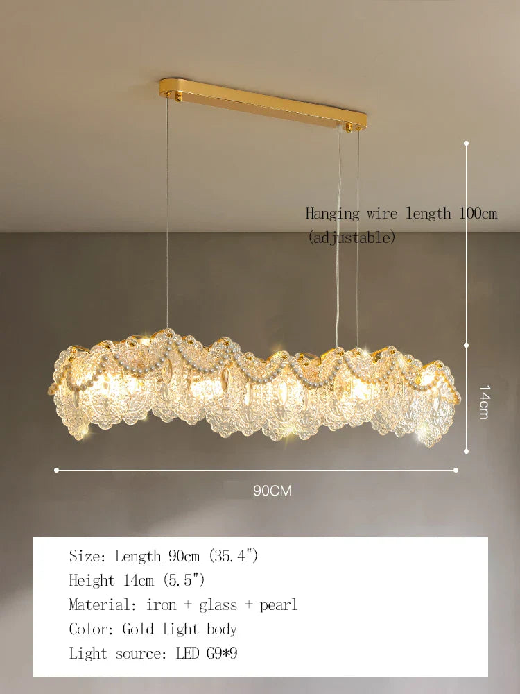 Elegant French Light Luxury Glass Chandelier - Modern Golden Rectangular Dining Room and Living Room Lighting Fixture