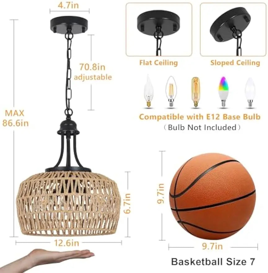 Boho Rattan Farmhouse Chandelier - 3-Light Ceiling Fixture with Exquisite Woven Lampshade for Your Dining Room