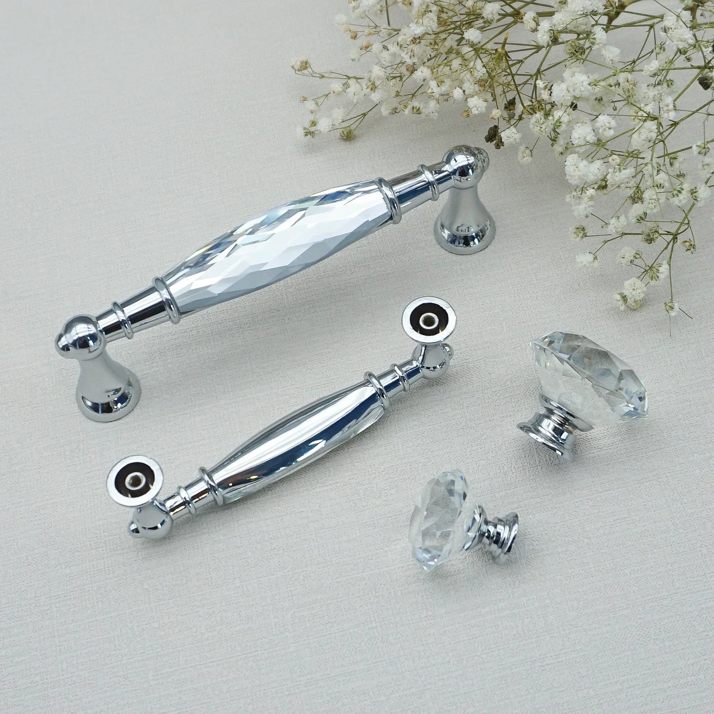 Luxury Gold Chrome Cabinet Handles – Modern Zinc Alloy and Crystal Glass Drawer Knobs for Wardrobes and Dressers
