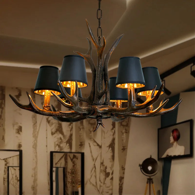 American Industrial Antler Chandelier with Vintage Black Lampshade - Perfect for Dining Rooms, Villas, and Living Spaces
