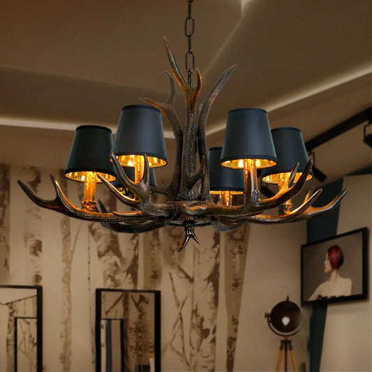 American Industrial Antler Chandelier with Vintage Black Lampshade - Perfect for Dining Rooms, Villas, and Living Spaces