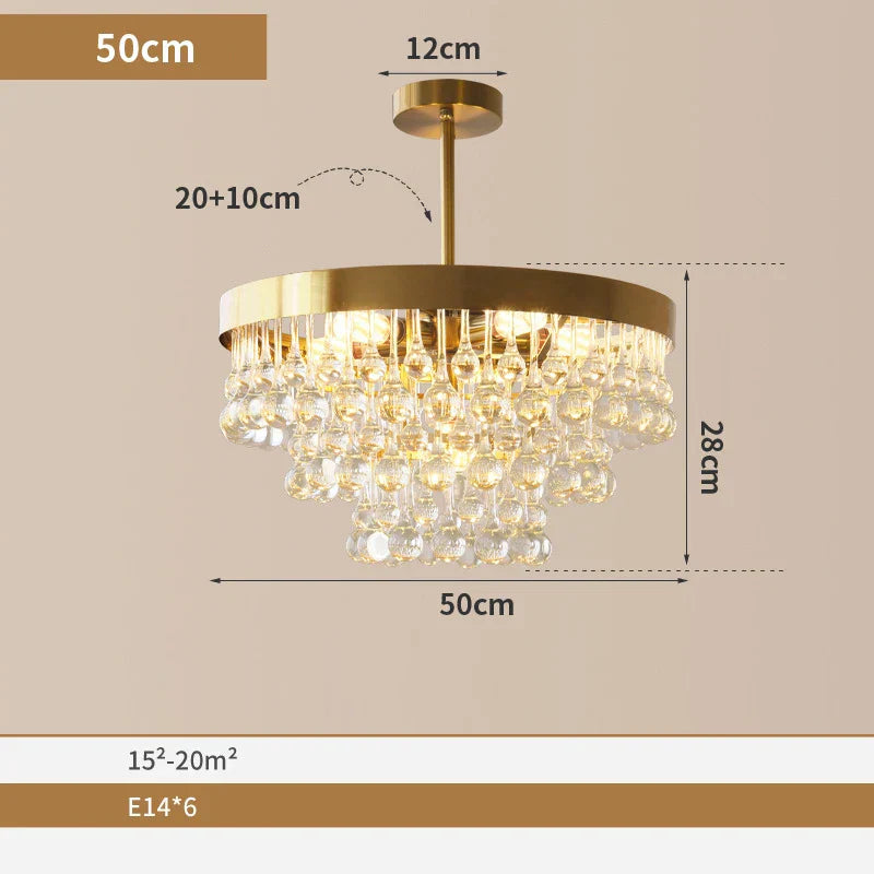 Elegant Round Water Drop Golden Chandelier - A Postmodern Light Luxury Fixture for Living Rooms, Bedrooms, and Dining Spaces