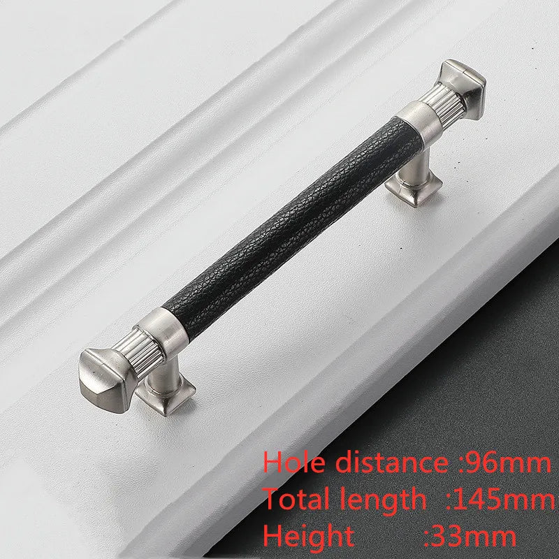 Modern Leather and Zinc Alloy Cabinet Handle – Elegant Drawer Pulls for Kitchen, Wardrobe, and Furniture (96mm)