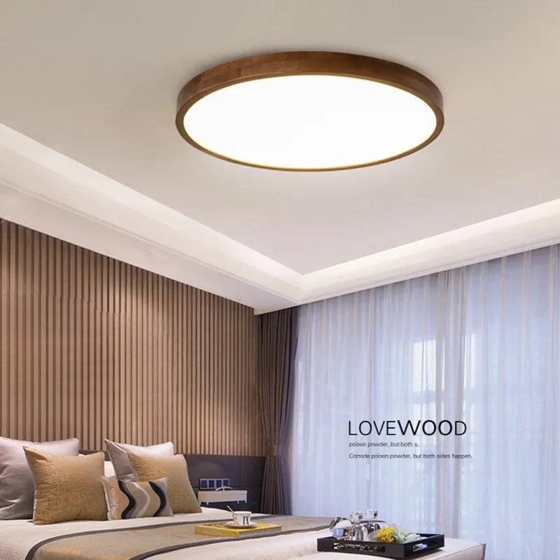 Walnut Ceiling Lamp - Ultra-thin Round Wood Design - Nordic Chandelier for Bedroom, Study, Balcony, and Corridor Lighting