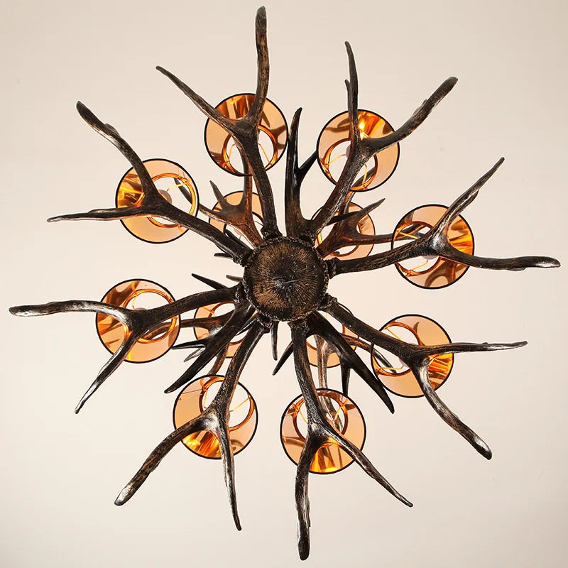 American Industrial Antler Chandelier with Vintage Black Lampshade - Perfect for Dining Rooms, Villas, and Living Spaces