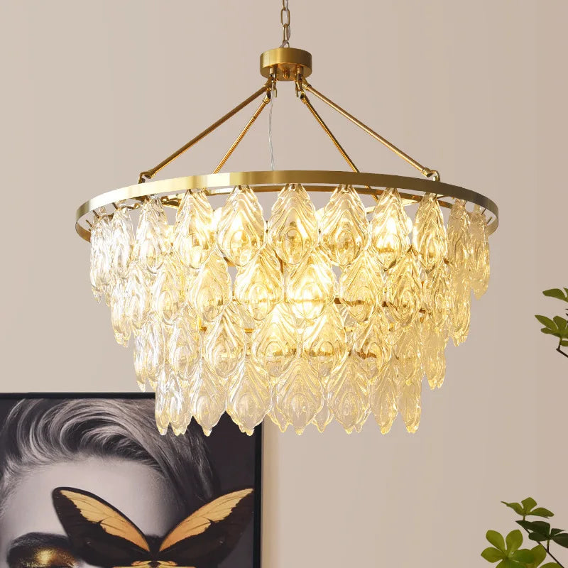 Elegant Round Water Drop Golden Chandelier - A Postmodern Light Luxury Fixture for Living Rooms, Bedrooms, and Dining Spaces