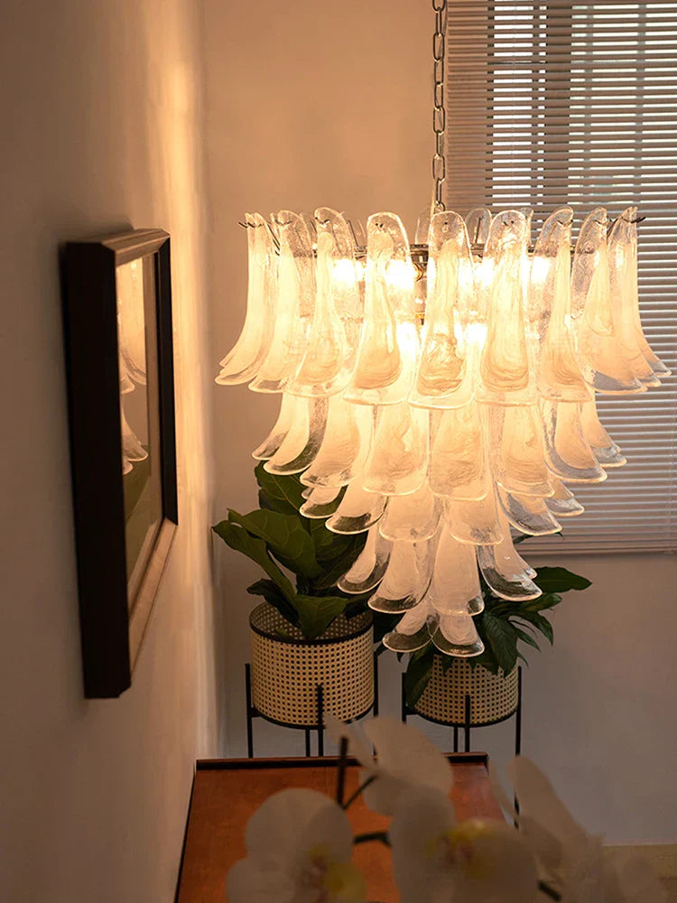 Elara White Petal Glass LED Chandelier for Staircase & Villa Décor