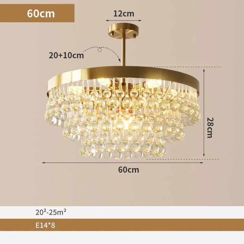Elegant Round Water Drop Golden Chandelier - A Postmodern Light Luxury Fixture for Living Rooms, Bedrooms, and Dining Spaces