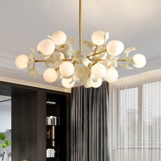 Nordic LED Chandelier - Ginkgo Leaf Design with Acrylic White Leaves for Living Rooms and Bedrooms, Round Glass Ball Light Fixture