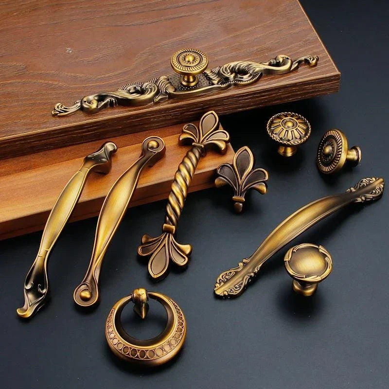 Antique Yellow Bronze Cabinet Handles - Brushed Vintage Drawer Pulls for Kitchen and Wardrobe Doors