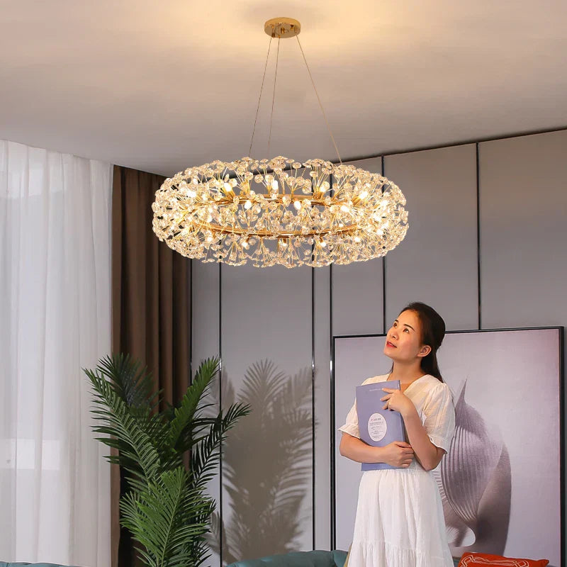Elegant Modern Gold K9 Crystal Hanging Chandelier - A Luxury LED Fixture for Living and Dining Spaces