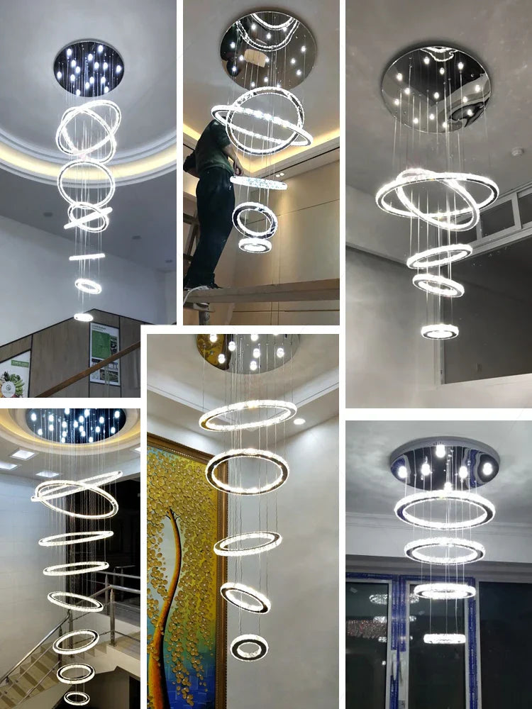 Modern Luxury Crystal Staircase Chandelier - Rings Design for Loft, Villa, and Lobby Indoor Lighting