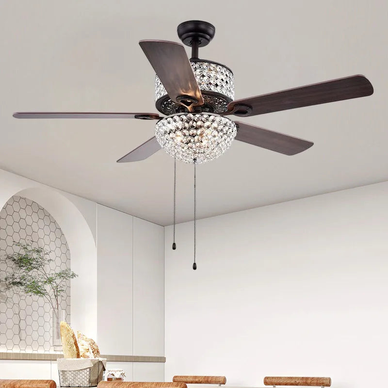 52 Inch Crystal Ceiling Fan with Lights Chrome Chandelier Remote Control Reversible Wood Blades for Living Room Bedroom