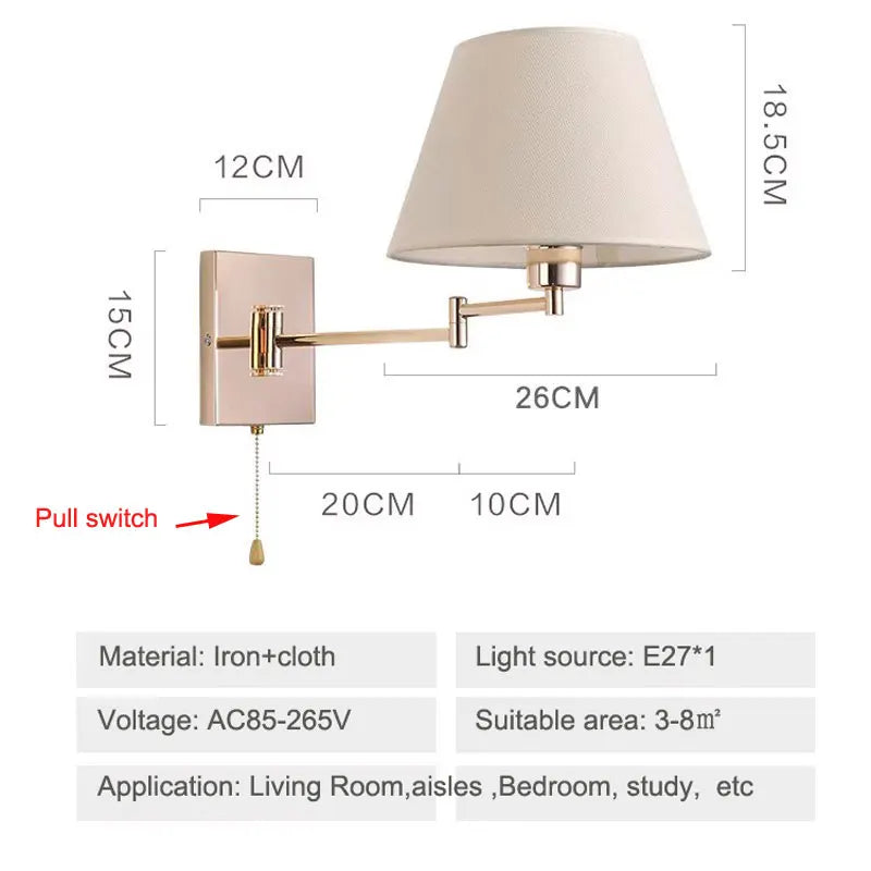 Nordic Adjustable Long Arm Folding Fabric Wall Lamp - Stylish Bedroom Bedside Light for Office, Hotel, Stair, Study, and Reading