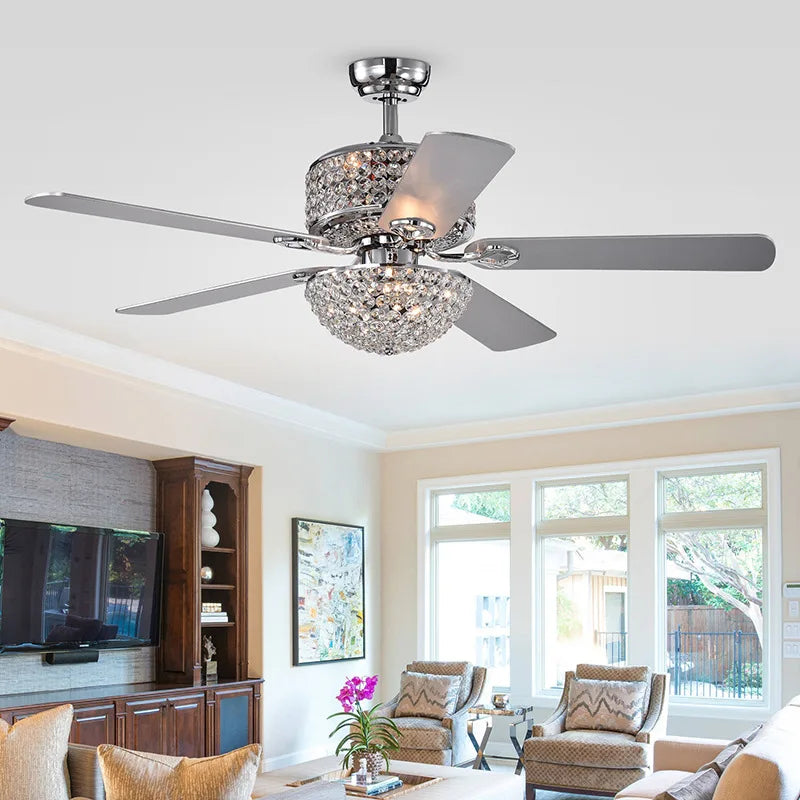 52 Inch Crystal Ceiling Fan with Lights Chrome Chandelier Remote Control Reversible Wood Blades for Living Room Bedroom