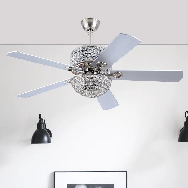 52 Inch Crystal Ceiling Fan with Lights Chrome Chandelier Remote Control Reversible Wood Blades for Living Room Bedroom